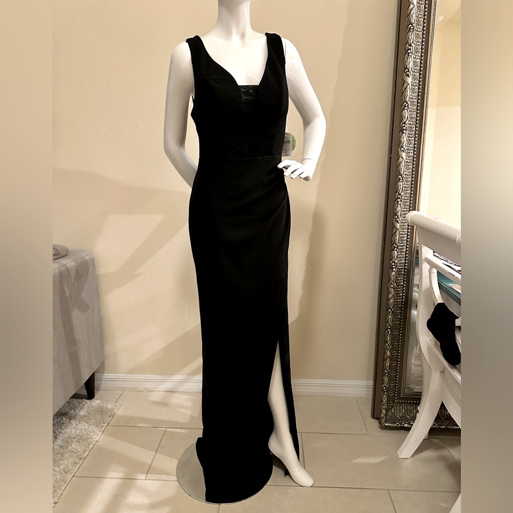 Formal long Crepe Wrap Dress, color black, size medium, high slit.
